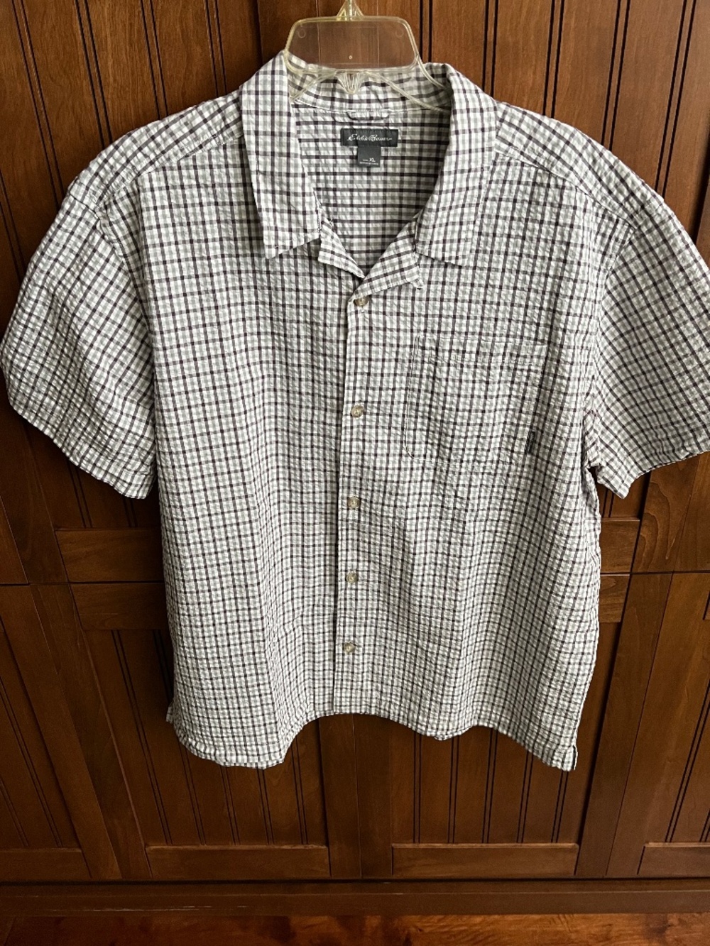 Eddie Bauer Grey/Purple/White Mini Plaid Seersucker Short Sleeve Shirt  Size XL